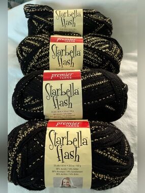 (4) Premier Yarns Starbella Flash Yarn Lot Black Silver “Starry” Ruffle Yarn